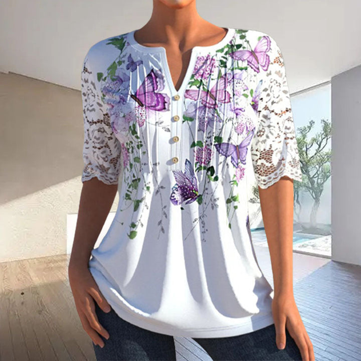 Women's floral V-neck button-down blouse with half sleeves, perfect for casual summer fashion