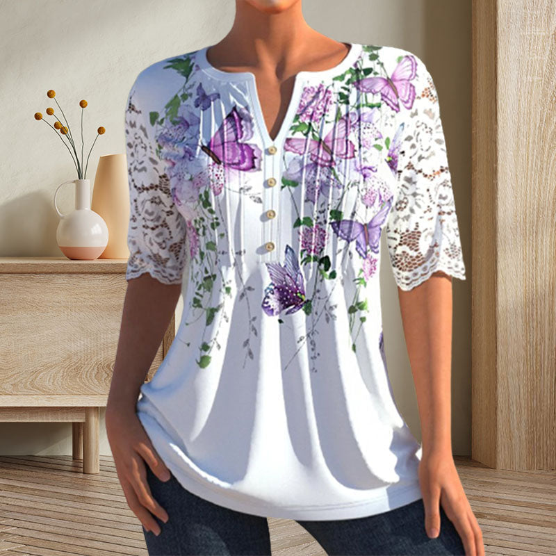 Stylish women's V-neck top with floral pattern, short sleeves, and front buttons, ideal for gifting