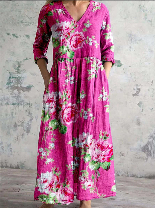 Flowy floral V-neck maxi dress for women, offering a relaxed fit and elegant style for any summer day.