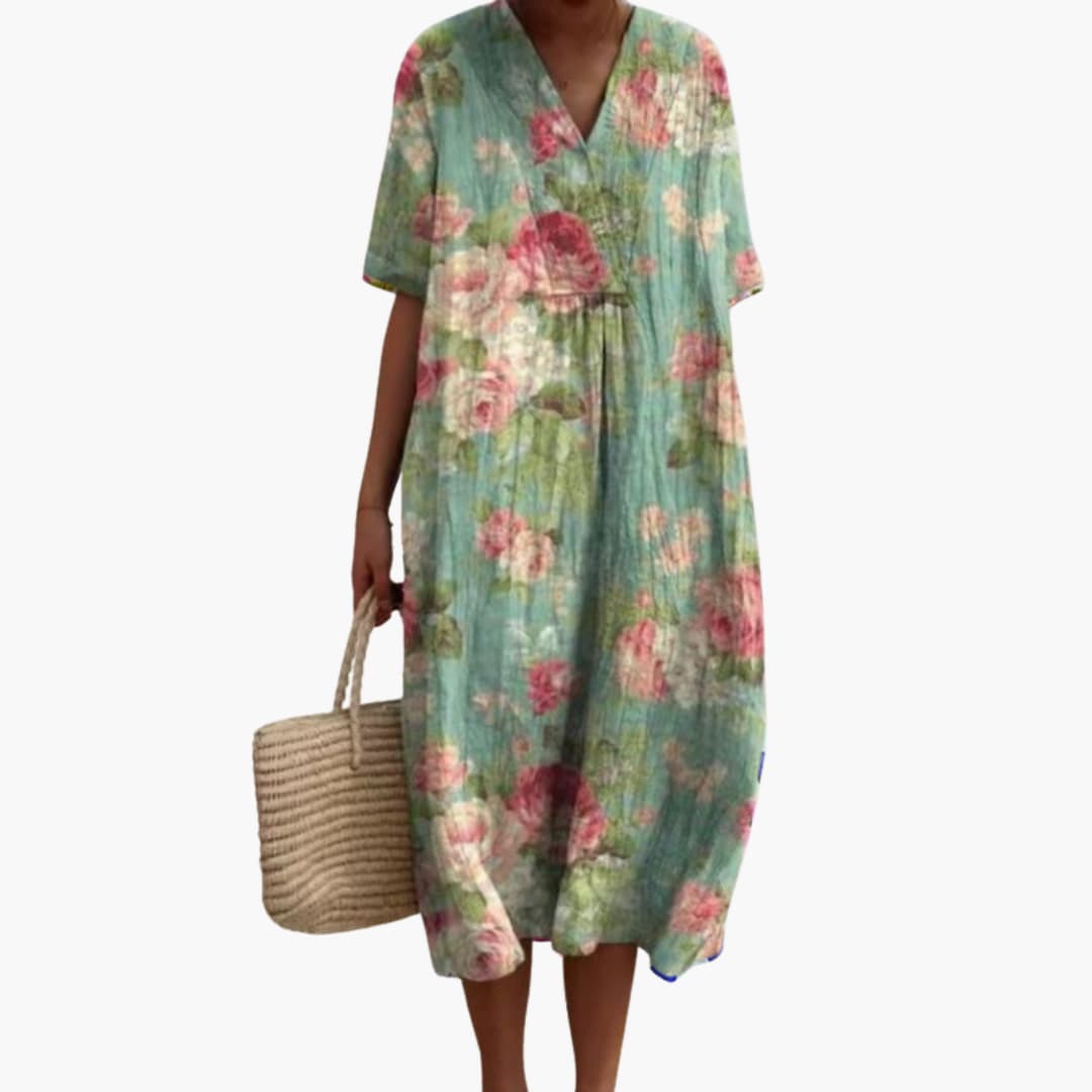 Women's V-neck floral midi dress, short sleeve, oversized, casual summer, vacation, plus size, relaxed fit.