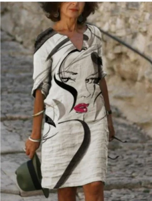 Versatile women's midi dress, floral pattern, artistic face print, V-neck for everyday elegance