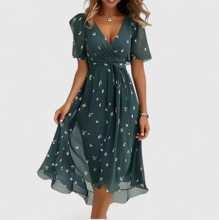 Comfortable & stylish women's floral V-neck midi dress with airy flutter sleeves for all occasions.