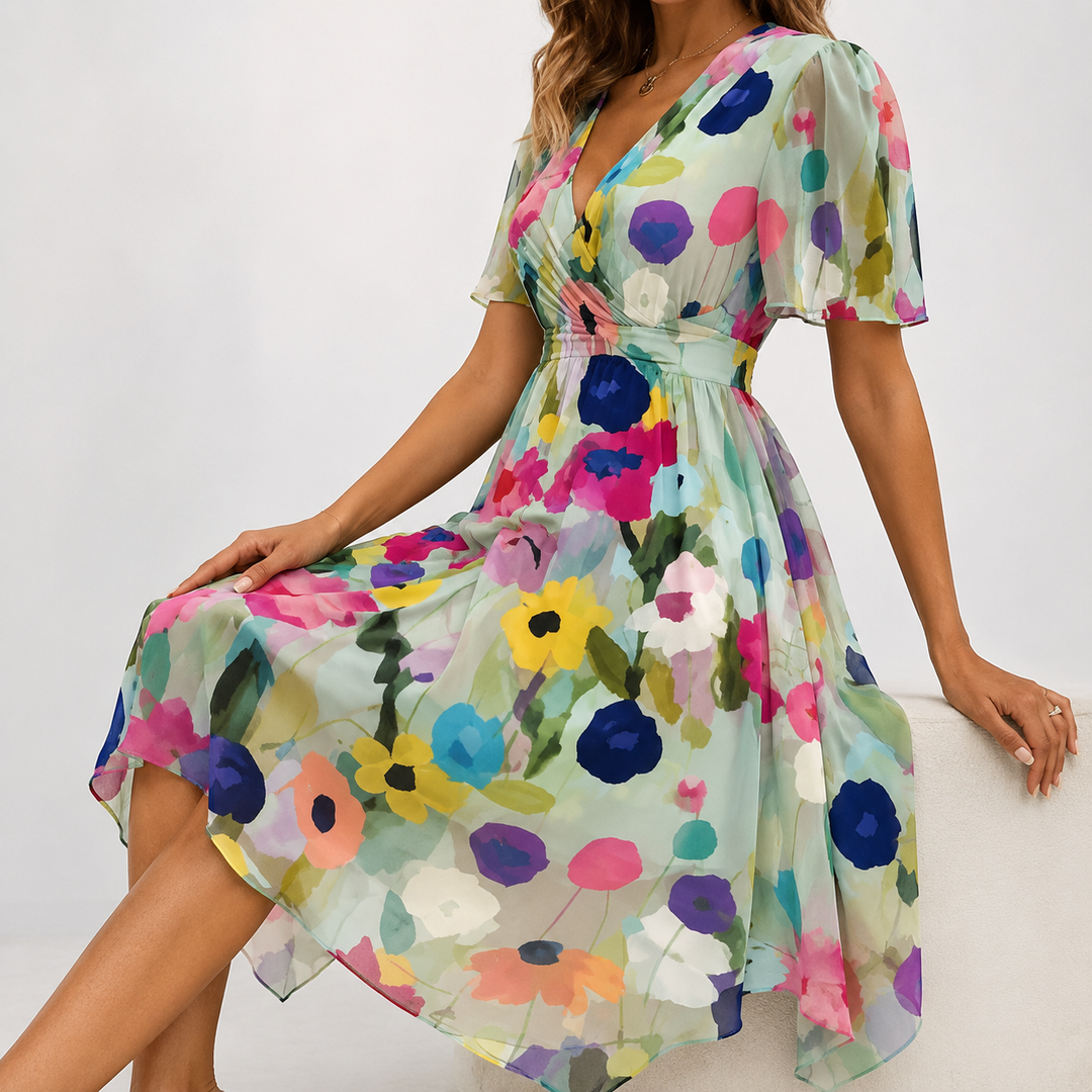 Detailed view of the V-neck and floral pattern on a women's elegant midi dress with flutter sleeves.