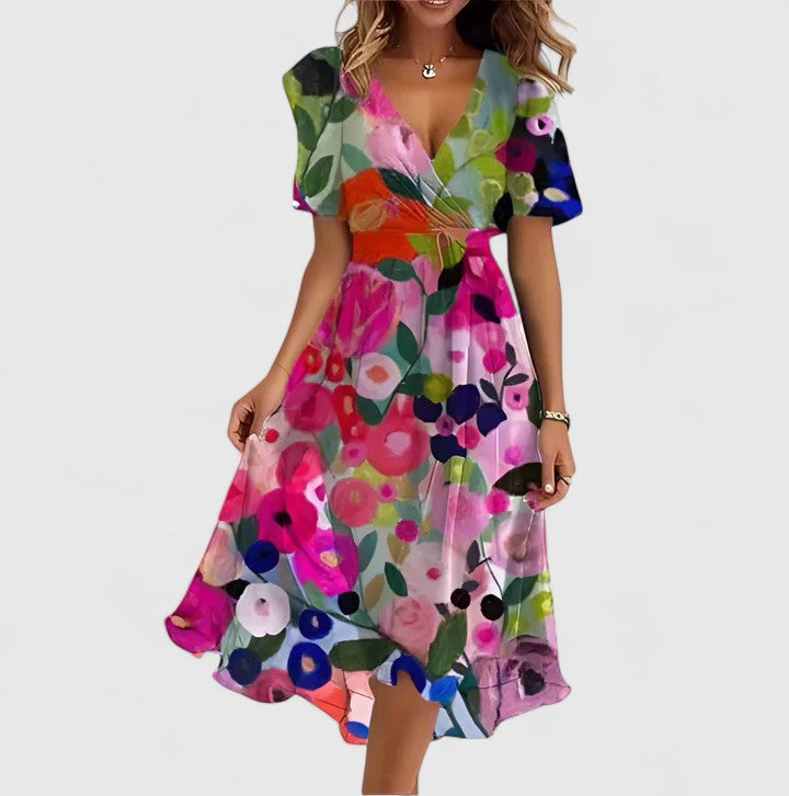 Full length view of a women's floral V-neck midi dress with flutter sleeves, showing graceful drape.