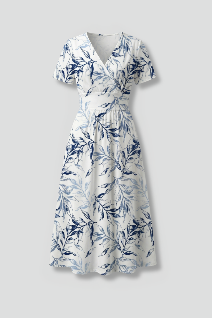 Women's floral V-neck midi dress with short sleeves, an elegant A-line silhouette, perfect for spring and summer fashion.