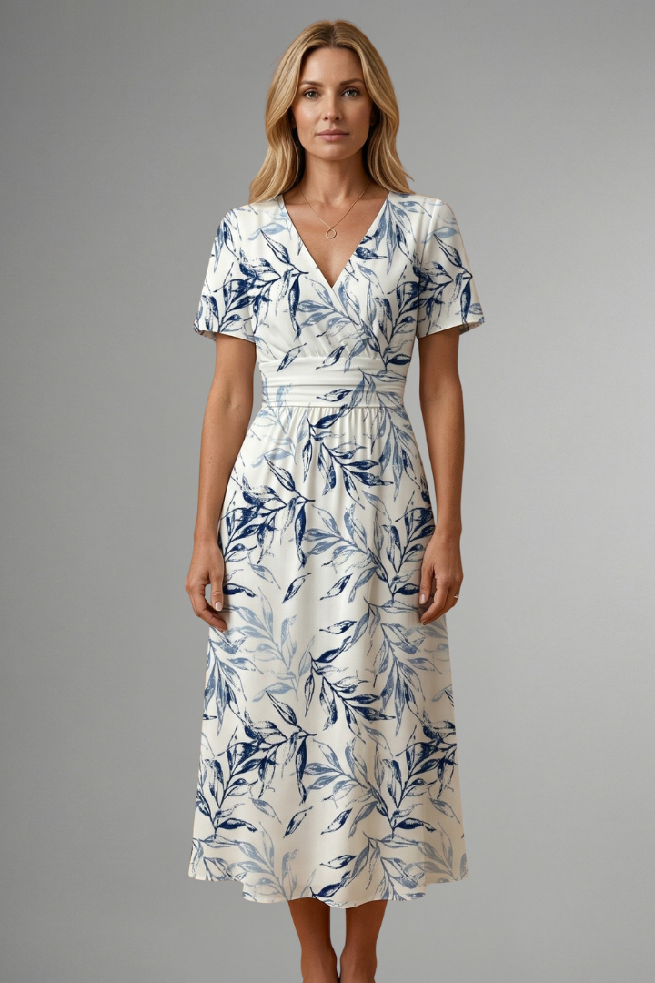 Elegant women's floral midi dress, a flattering V-neck summer dress for casual or semi-formal spring fashion.