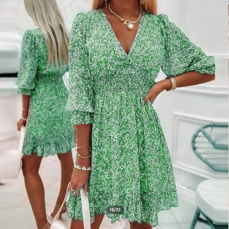 Lightweight polyester women's summer mini dress, floral pattern, V-neck, puff sleeves.