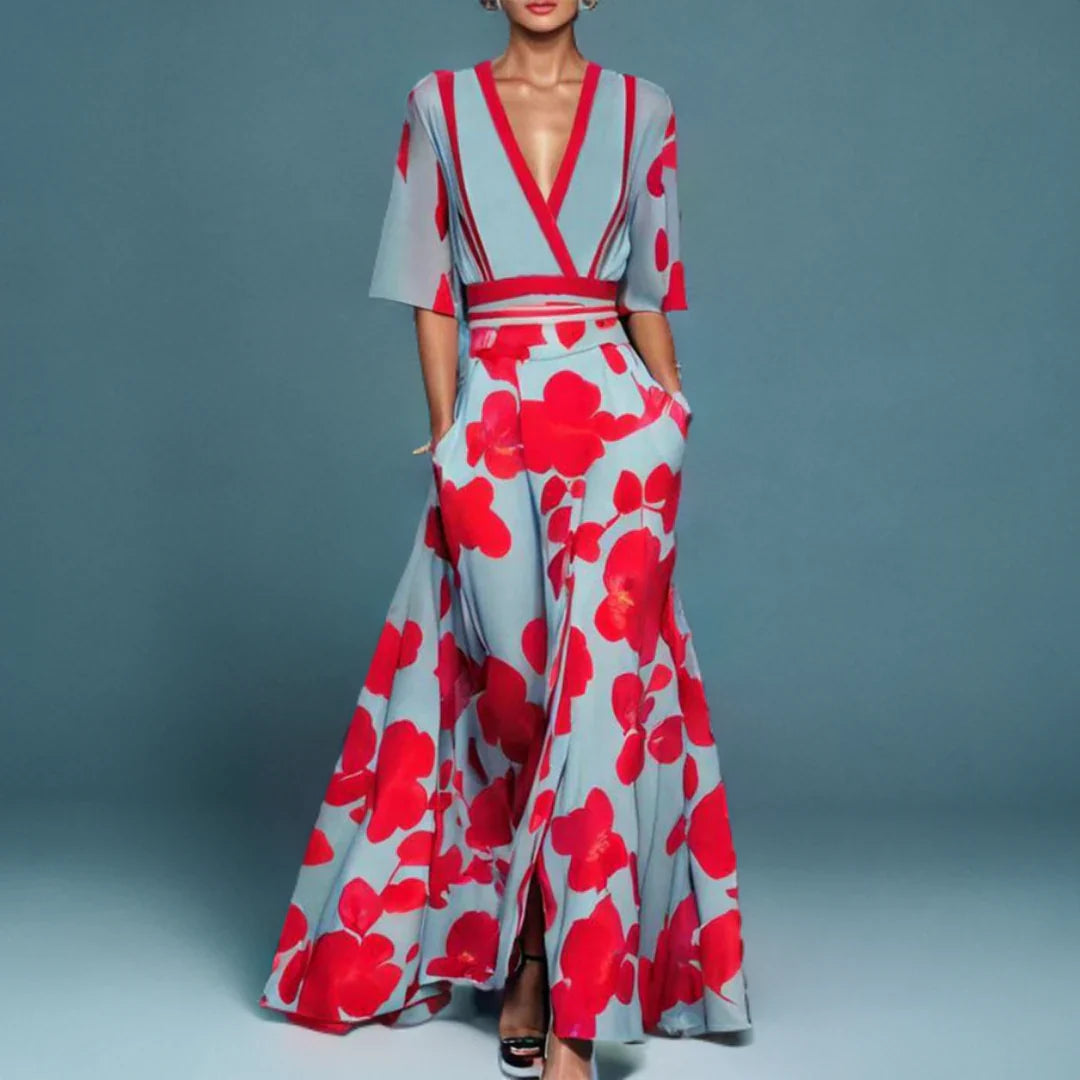 Women's floral wrap maxi dress with V-neck & short sleeves, perfect for summer spring fashion, available in blue & red.