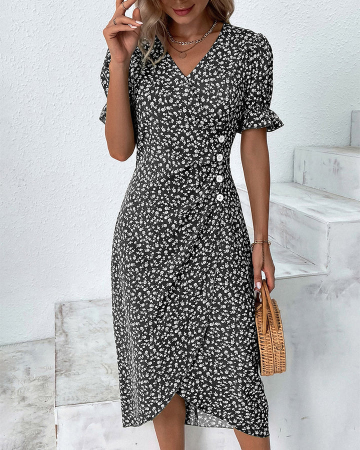 Women's floral wrap midi dress with a flattering V-neck, perfect for summer casual wear.