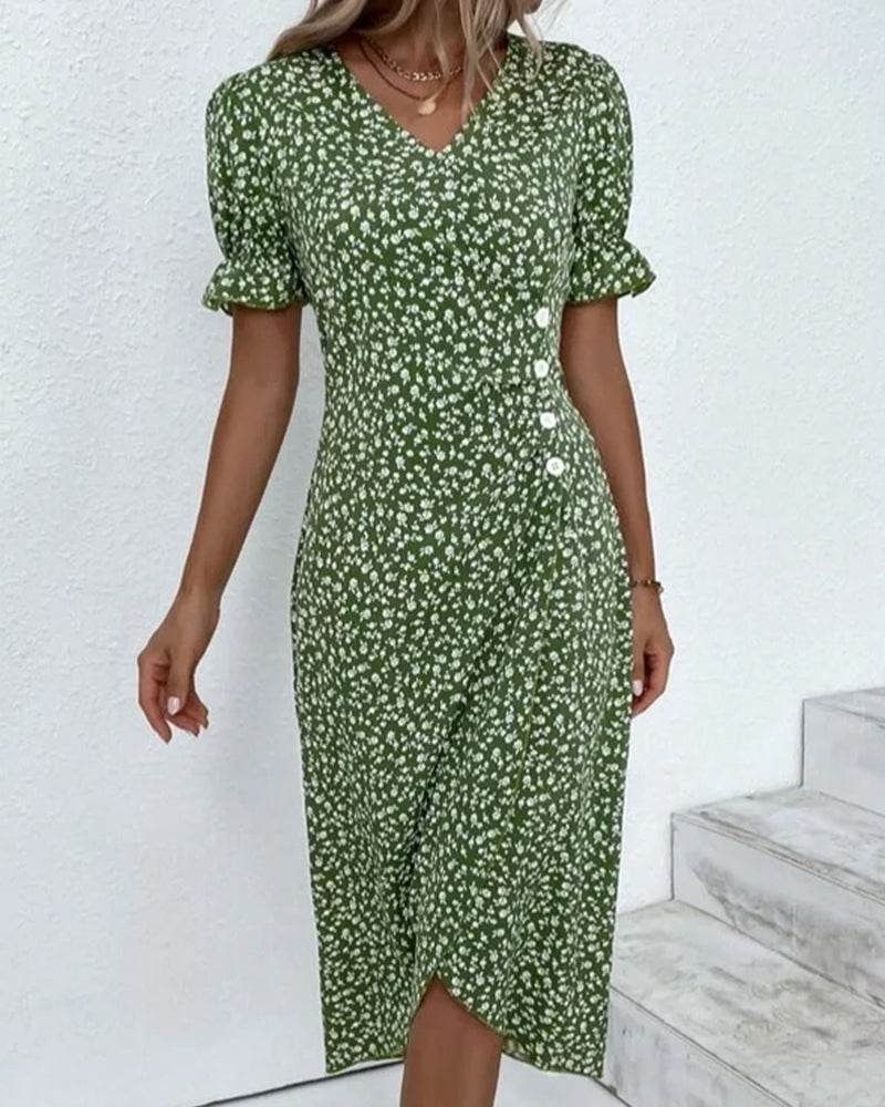 Women's party wear floral midi wrap dress, V-neck, feminine and comfortable for events.