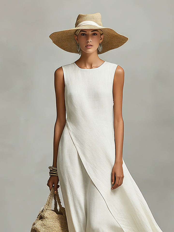 Elegant women's sleeveless maxi dress featuring a chic asymmetric hem and flowy design for summer style.