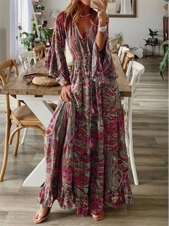 Women's flowy boho maxi dress, perfect for summer leisure. Vibrant colors, comfortable fit.