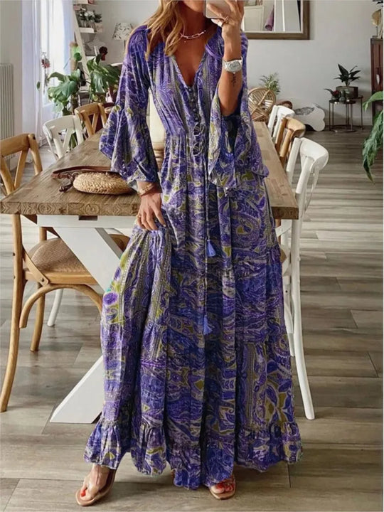 Elegant women's boho maxi dress with a flowing silhouette, ideal for beach vacations and casual summer wear.