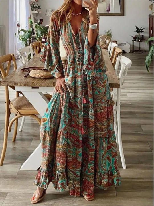 Comfortable long boho maxi dress for women, featuring a loose, flowy fit, great for warm summer days.
