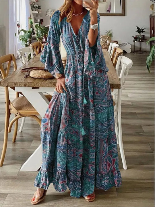 Long flowy boho maxi dress for women, offering a relaxed fit and vibrant patterns for summer and leisure wear.