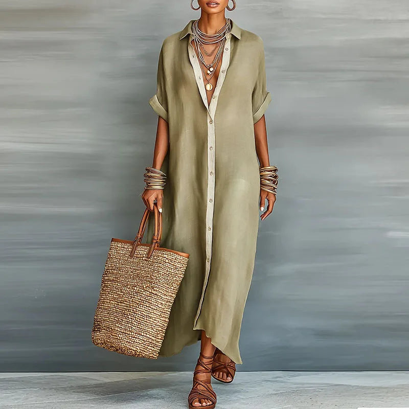 Women's flowy boho maxi shirt dress with elegant contrast print, perfect for summer vacations.