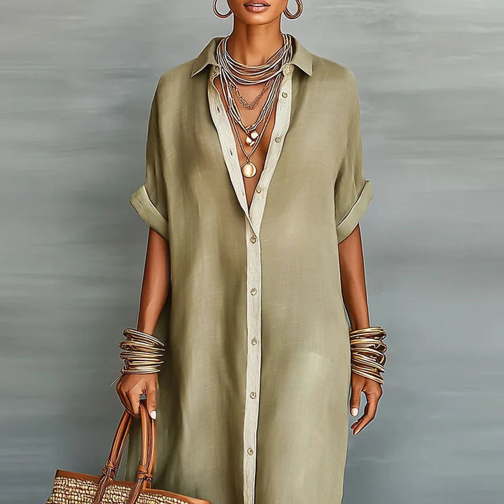 Elegant women's flowy maxi dress featuring a unique contrast print, ideal as a boho shirt dress.