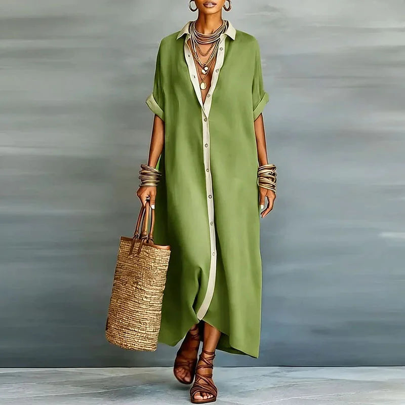 Chic women's summer maxi dress; a flowy boho shirt dress with a striking contrast print.