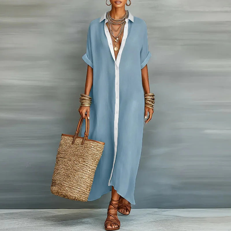 Comfortable women's flowy maxi shirt dress, featuring a bohemian style and a contrasting pattern.