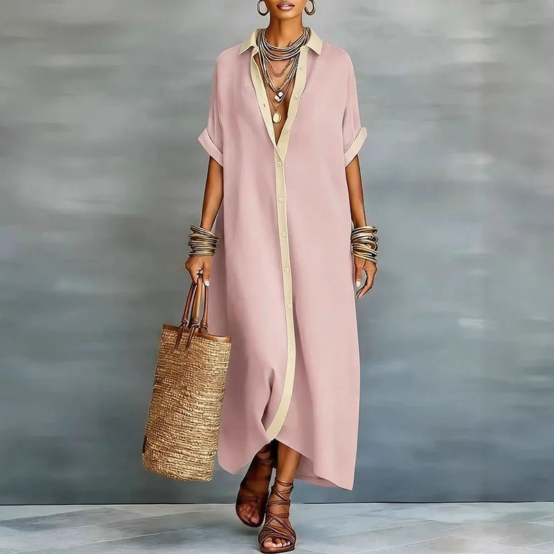 Women's vacation-ready boho maxi dress, a stylish flowy shirt dress with an intricate contrast print.