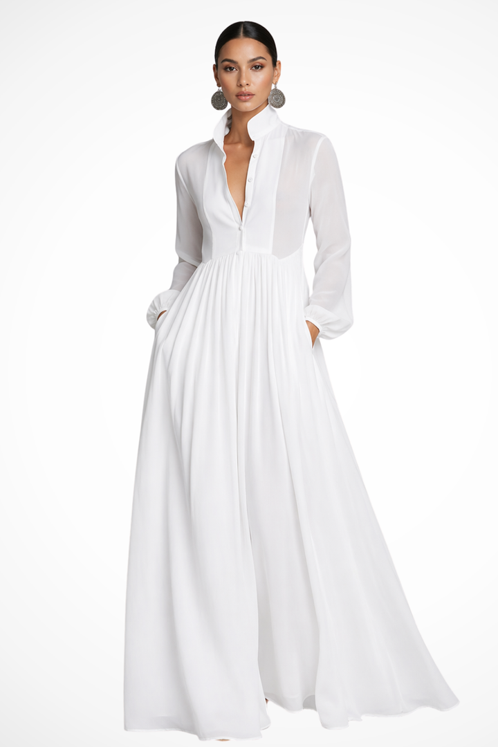 Comfortable long sleeve flowy maxi dress for women, featuring a stylish button-front design & pockets.