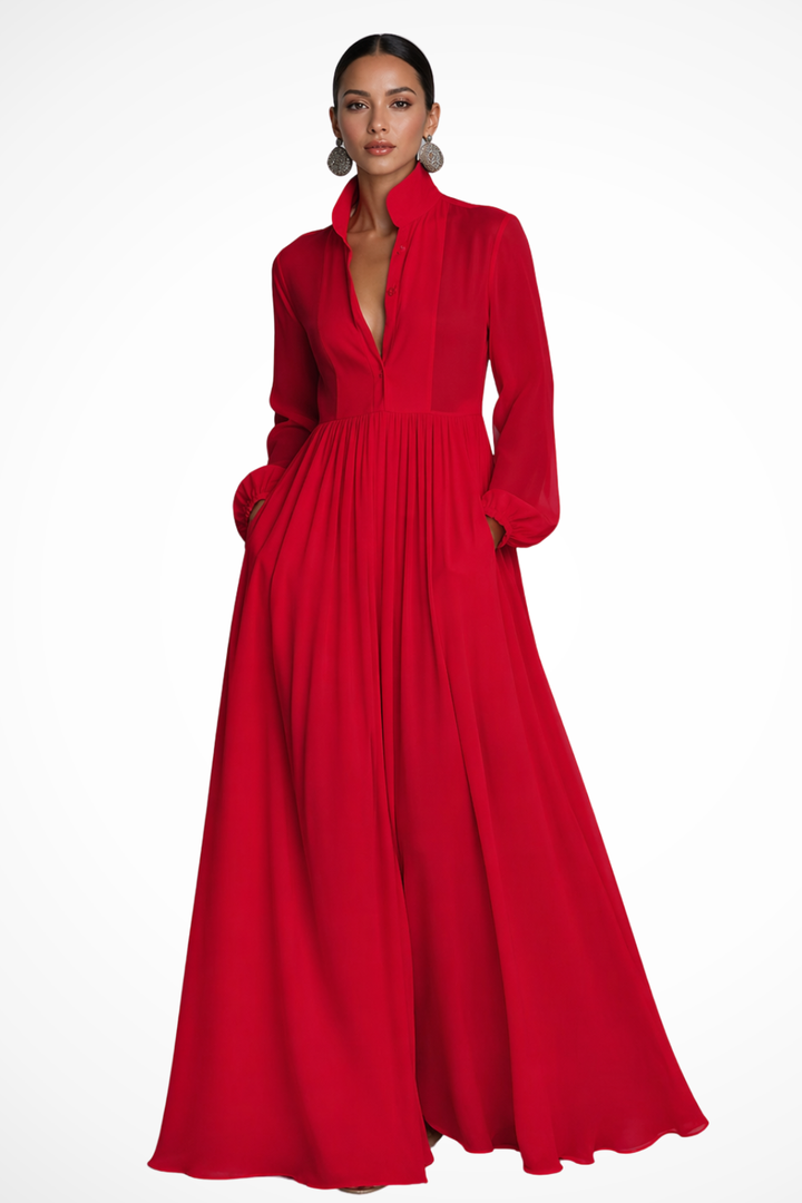 Versatile women's button-front maxi dress with long sleeves & functional pockets, suitable for various seasons.