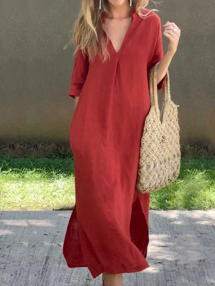 Comfortable women's flowy maxi dress, a versatile relaxed fit V-neck for effortless casual and summer everyday style.