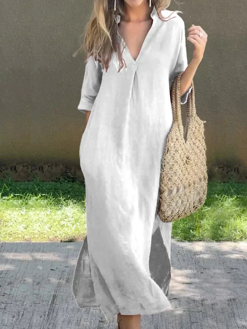 Women's flowy maxi dress with relaxed fit V-neck, a comfortable and versatile casual style for summer everyday wear.