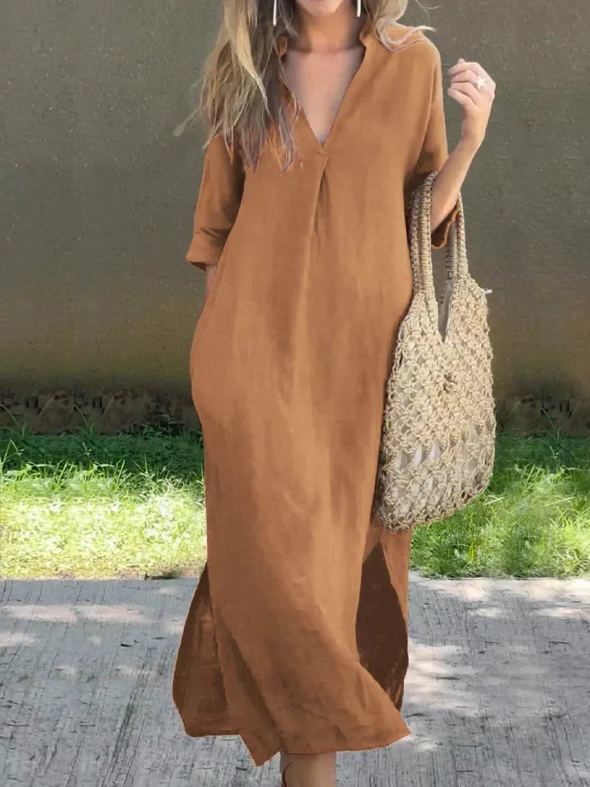 Relaxed fit flowy V-neck maxi dress for women, comfortable and versatile casual summer everyday style.