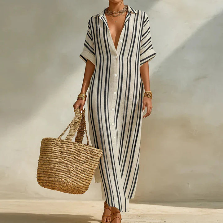 Women's flowy striped long shirt dress with V-neck & 3/4 sleeves, perfect for casual summer style.