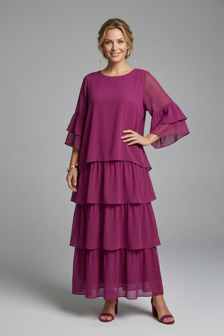Comfortable women's long tiered maxi dress for summer, featuring a relaxed fit and flowy design.