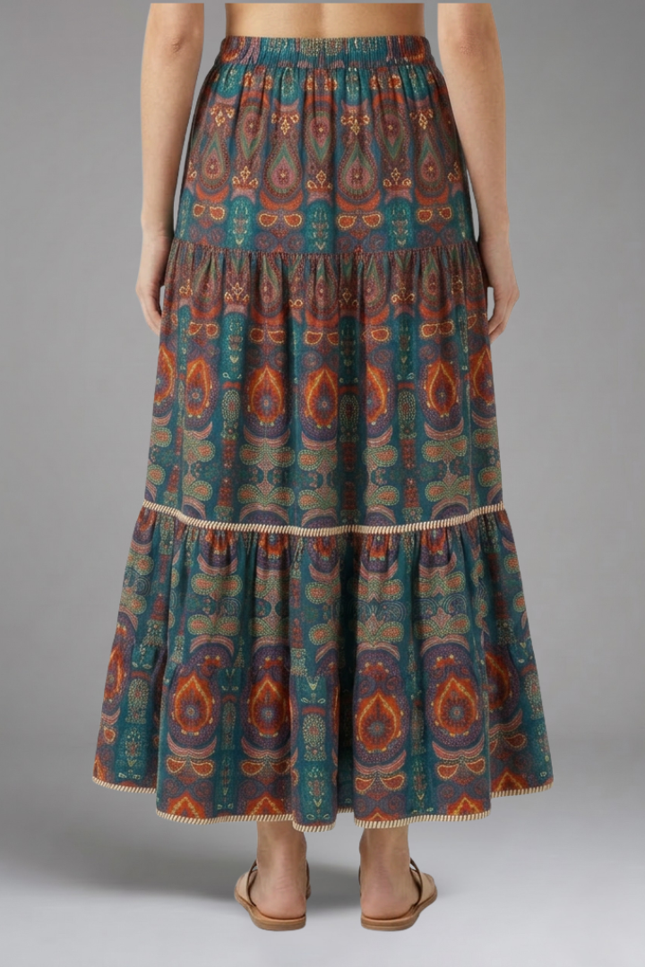 Stylish women's long tiered maxi skirt. Comfortable elastic waistband & flowy design for perfect summer fashion.