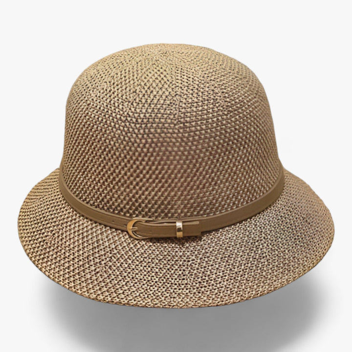 Women's foldable khaki linen sun hat, ideal for beach, travel, & UV protection. Perfect summer accessory.