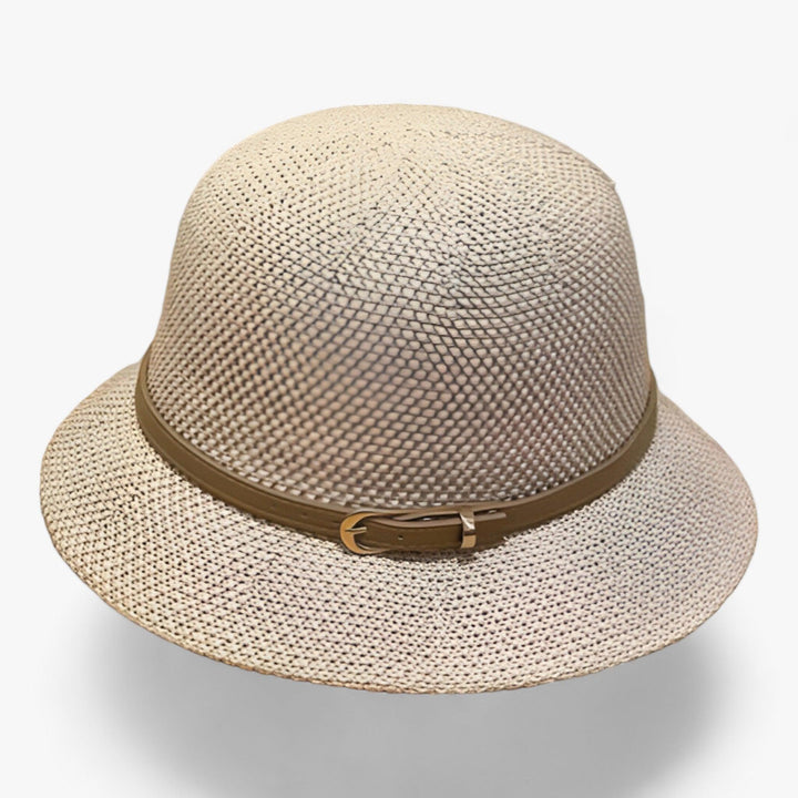 Khaki linen foldable women's sun hat, perfect for travel & summer beach days. Provides UV protection.