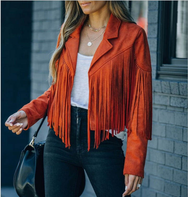 Women's fringed suede motorcycle jacket, tan, with silver hardware, front view