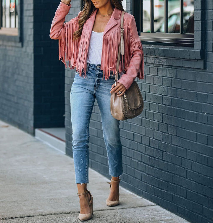 Back view of women's chic fringed suede motorcycle jacket, perfect for outerwear