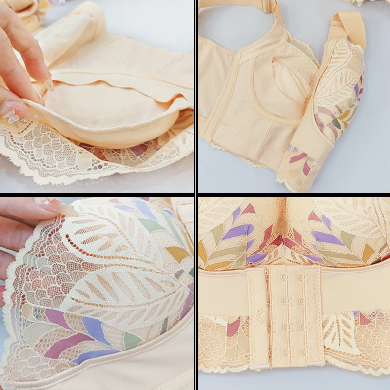 Elegant women's floral design front closure bra, offering superior comfort and gentle support.