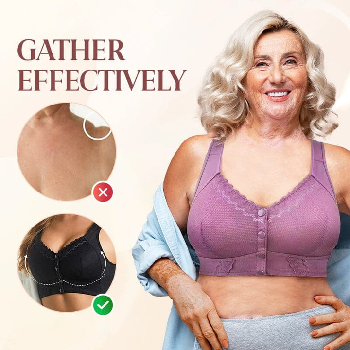 Close-up of front-closure mechanism on a breathable women's bra, showcasing ease of use