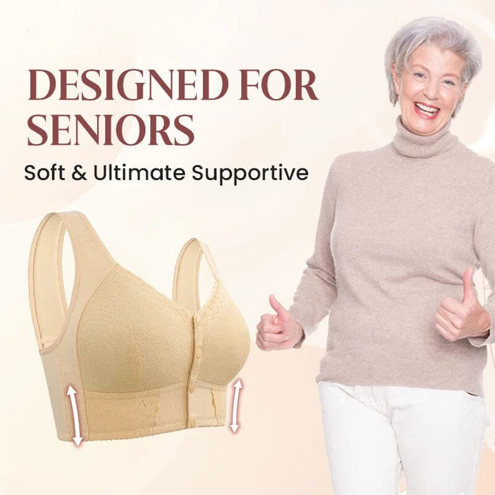 Detailed view of the breathable fabric on a women's front-closure comfort bra
