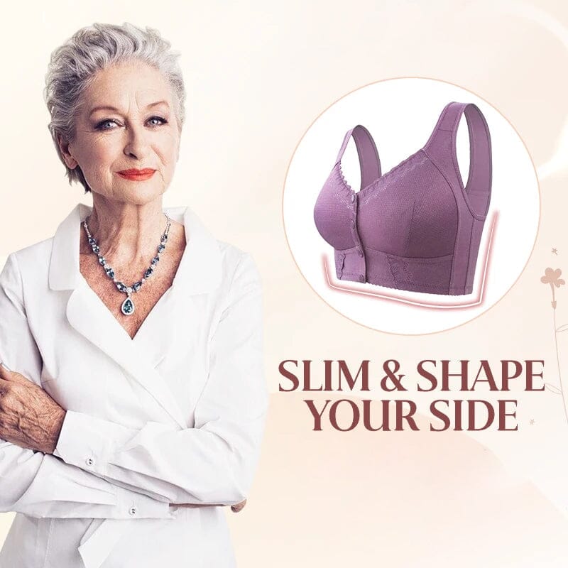 Model wearing a women's front-closure breathable bra, illustrating a smooth silhouette