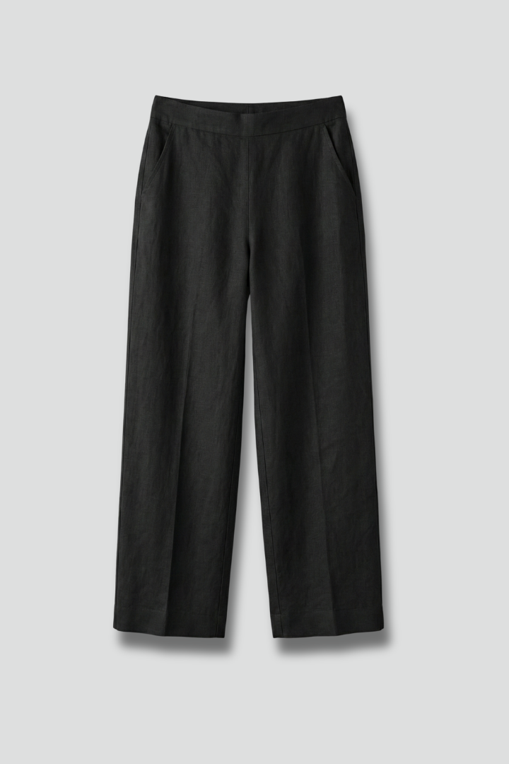Women's full-length straight leg trousers with elastic waist, comfortable and versatile for everyday wear.