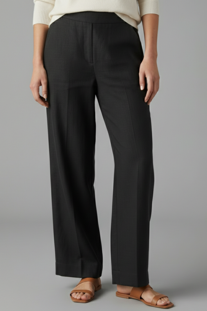 Comfortable women's full-length straight leg trousers with elastic waist, perfect for versatile casual outfits.