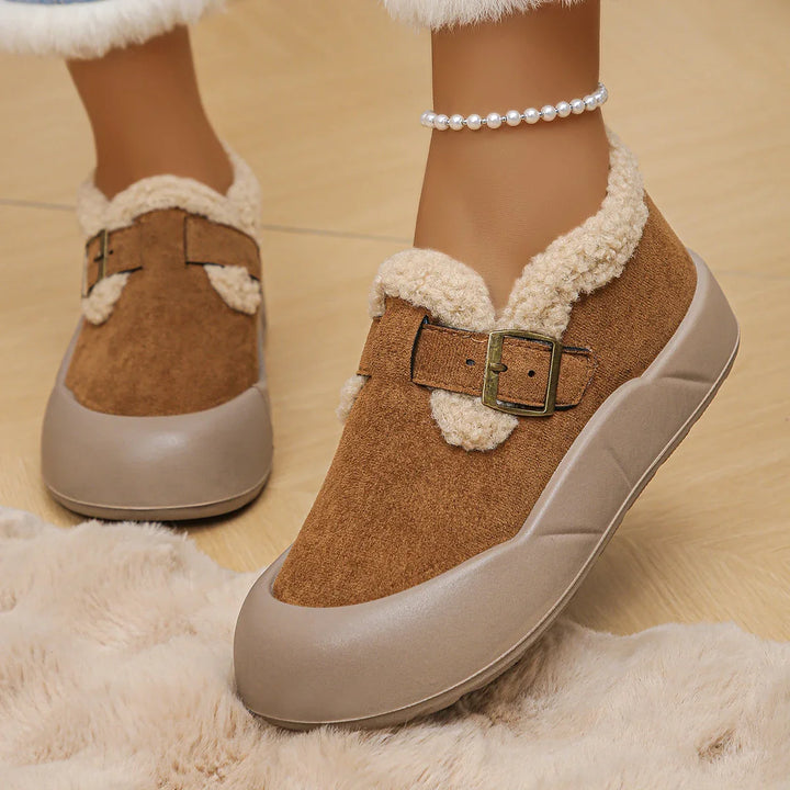 Genuine leather buckle clogs for women, fleece-lined, offering cozy and comfortable winter footwear.