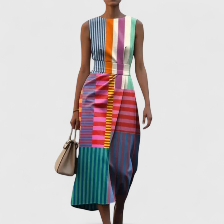 Women's geometric patchwork midi dress with sleeveless design, bold stripes, and color block panels for elegant summer wear.