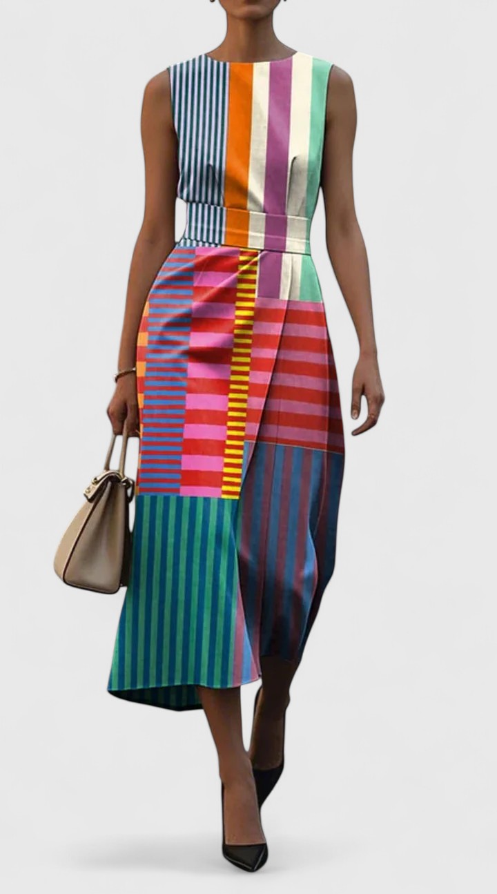 Striking women's midi dress featuring a sleeveless silhouette, vibrant geometric patchwork, and striped color block design.