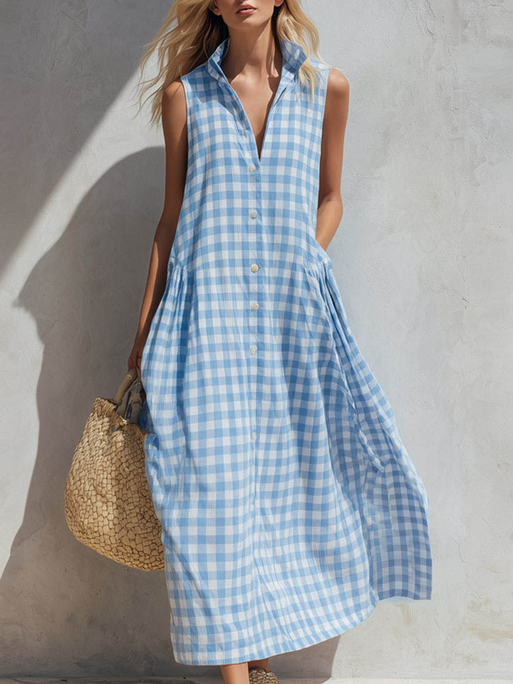 Women's gingham check collared sleeveless maxi dress. Flowy summer dress, perfect for casual stylish wear.