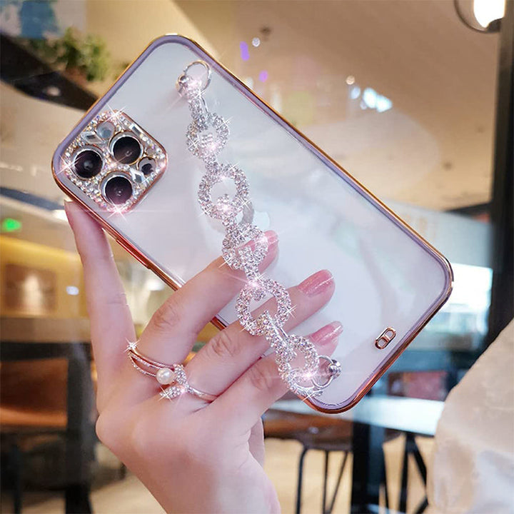 Detail of the rhinestone bracelet on a glamorous women's iPhone phone case