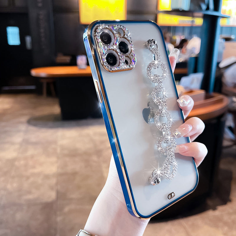Women's luxurious phone case with hand-applied rhinestones and a secure bracelet