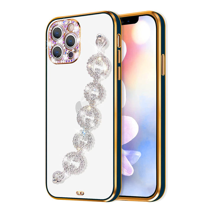 Stylish women's phone case with a full rhinestone bracelet and glitter highlights