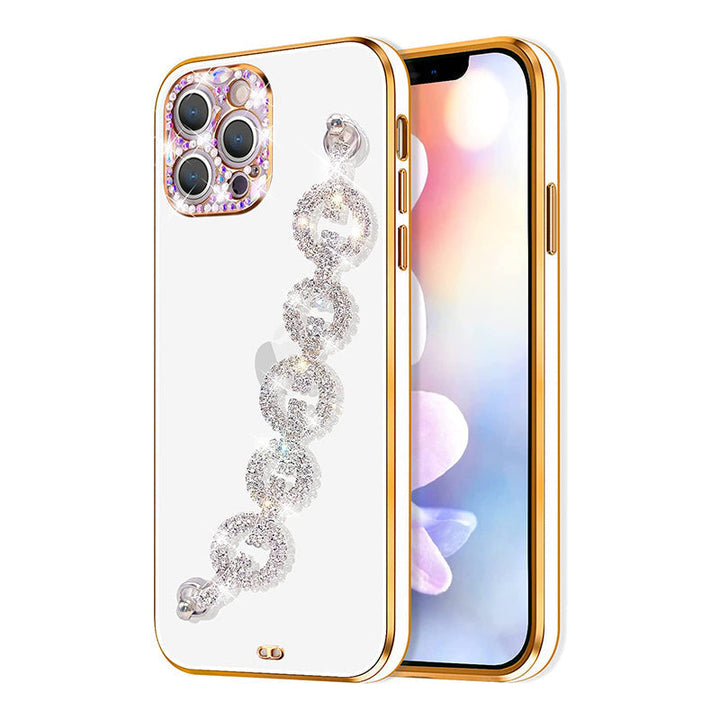 Women's phone case adorned with a sparkly rhinestone bracelet, offering protection